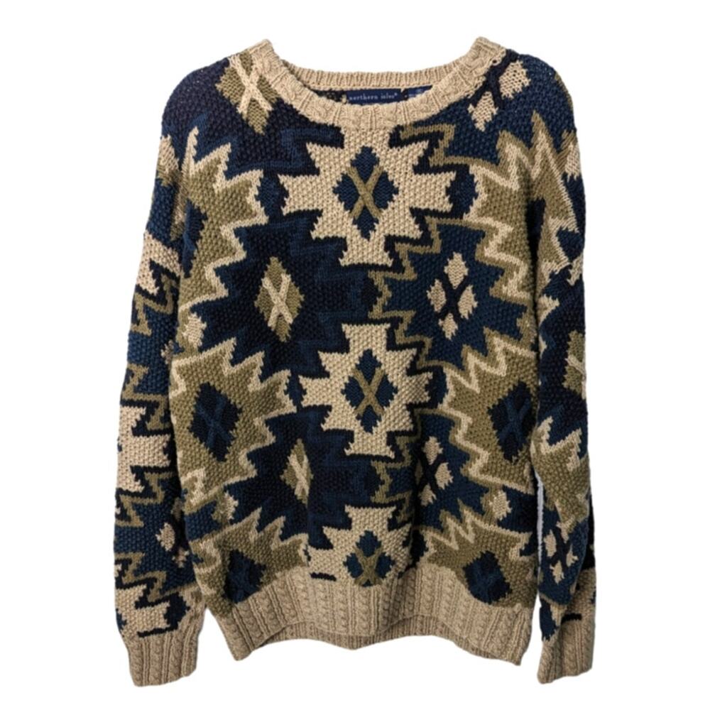 Vintage 90's Northern Isle Hand Knit Chunky Sweater Southwestern Aztec XL